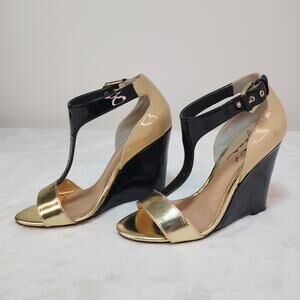 Whimsigoth Wedge Heels Womens 6 Black Gold Nude T-Strap Goth Glam Formal Party